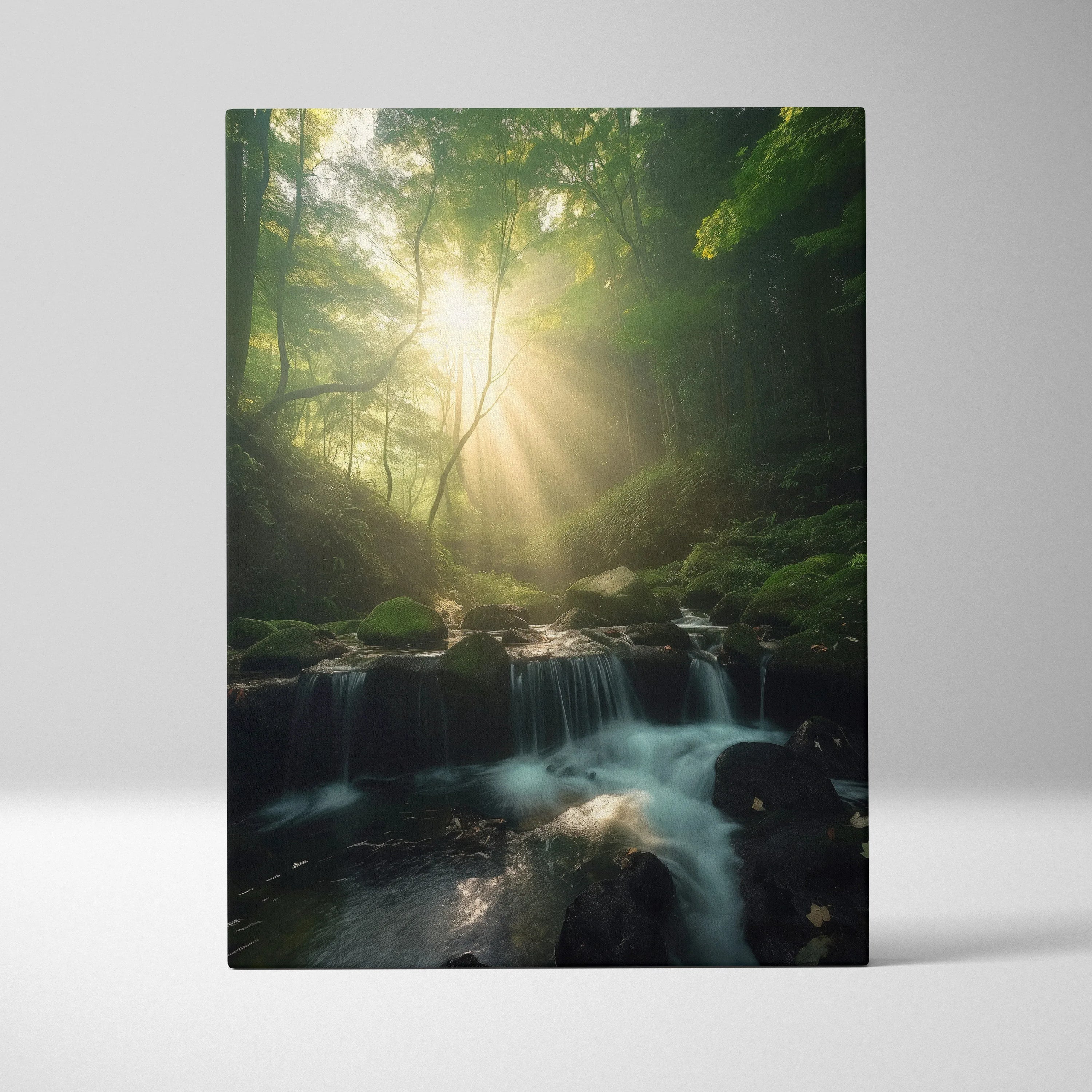 Canvas wall art featuring a serene green forest with sunlight streaming through trees onto a gentle waterfall and mossy.