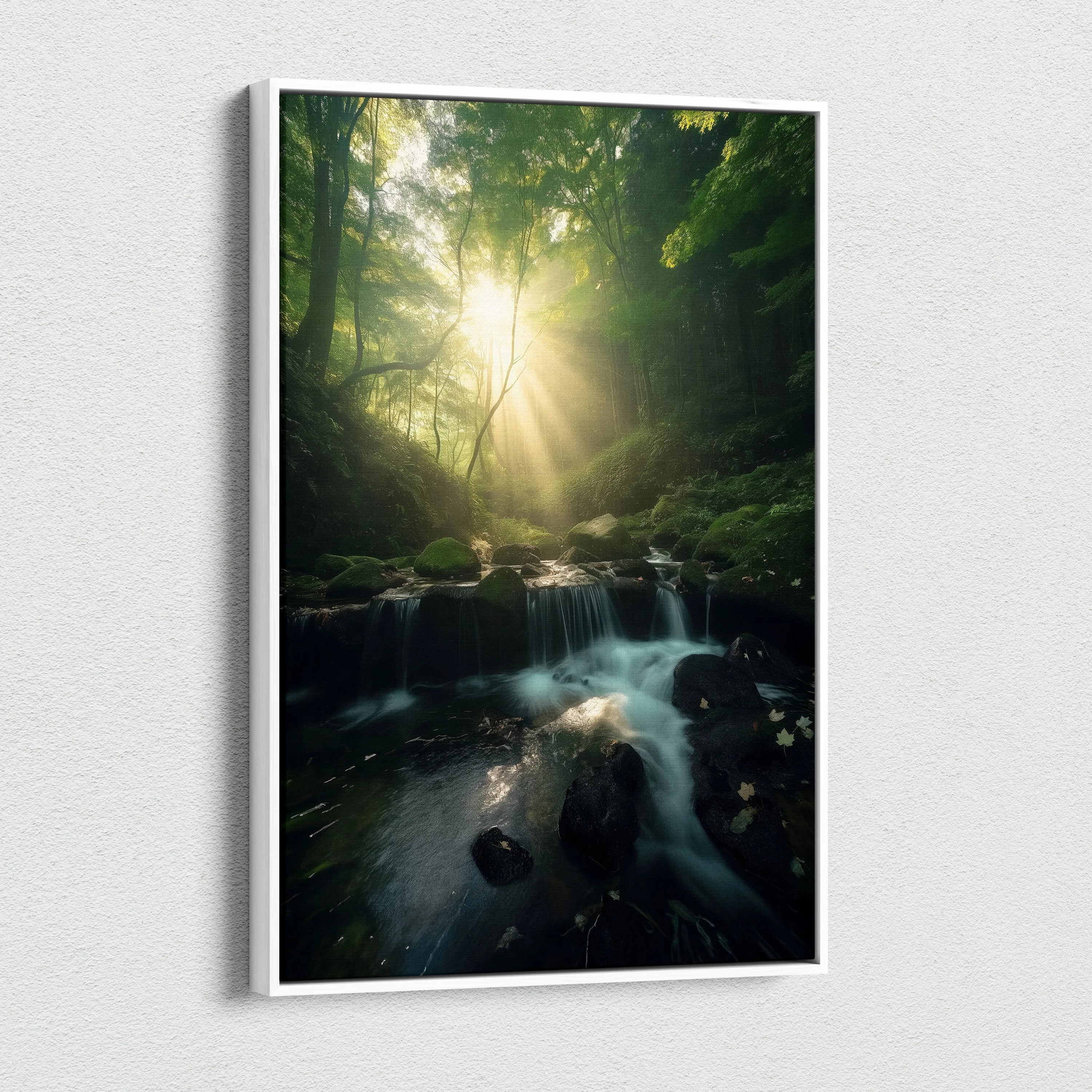 Canvas wall art depicting a lush green forest with sunlight streaming through trees over a cascading waterfall.
