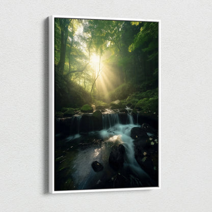 Canvas wall art depicting a lush green forest with sunlight streaming through trees over a cascading waterfall.