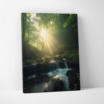 Vertical canvas art print depicting a sunlit waterfall in a lush green forest with moss-covered rocks and flowing water.