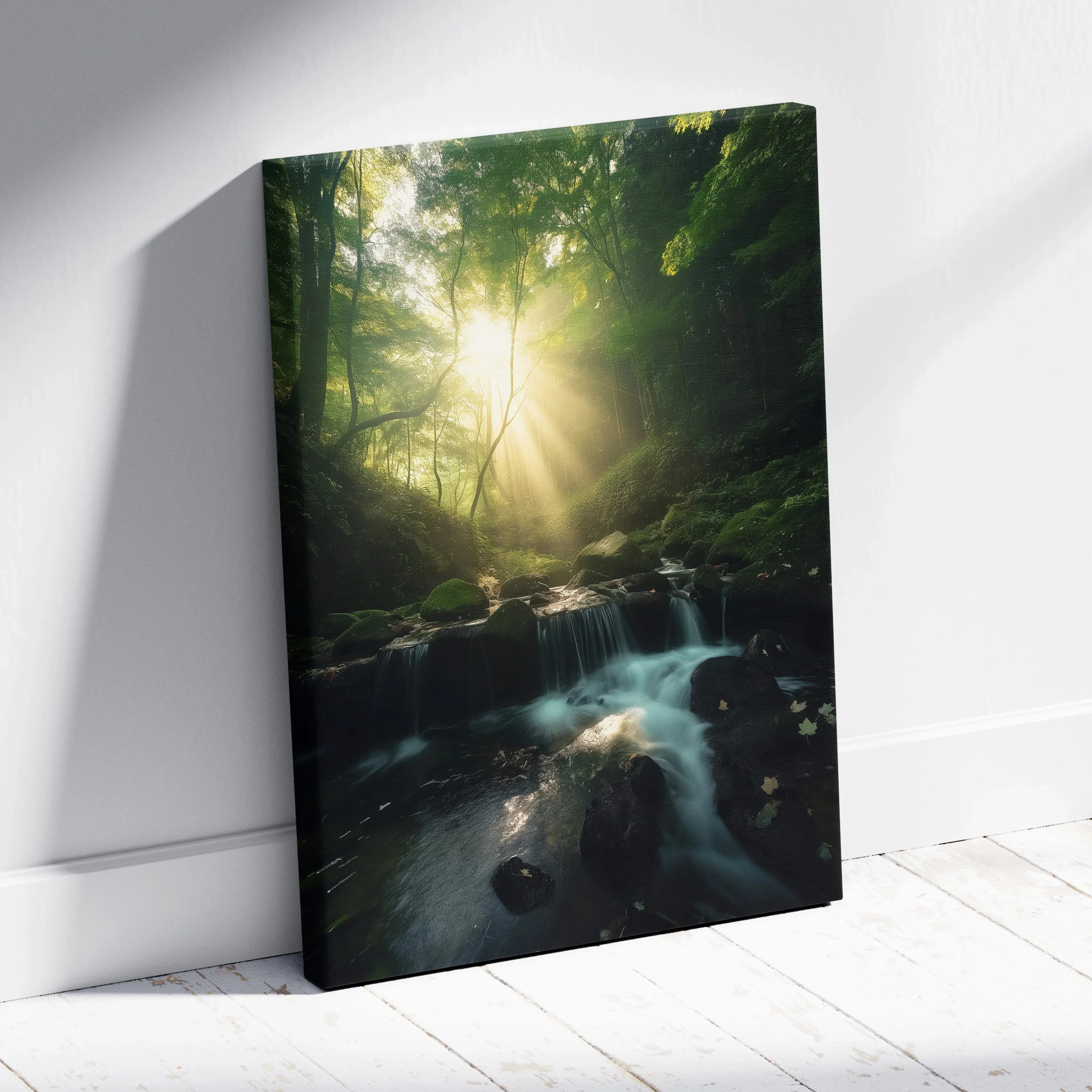Canvas wall art featuring a serene green forest with sunlight filtering through trees onto a cascading waterfall and rocky.