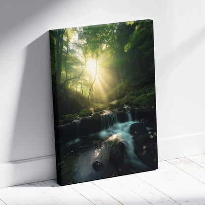 Canvas wall art featuring a serene green forest with sunlight filtering through trees onto a cascading waterfall and rocky.