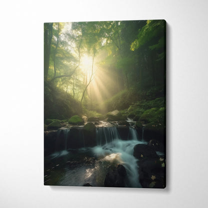 Vertical canvas wall art of a green forest waterfall with sunlight filtering through trees, nature decor.
