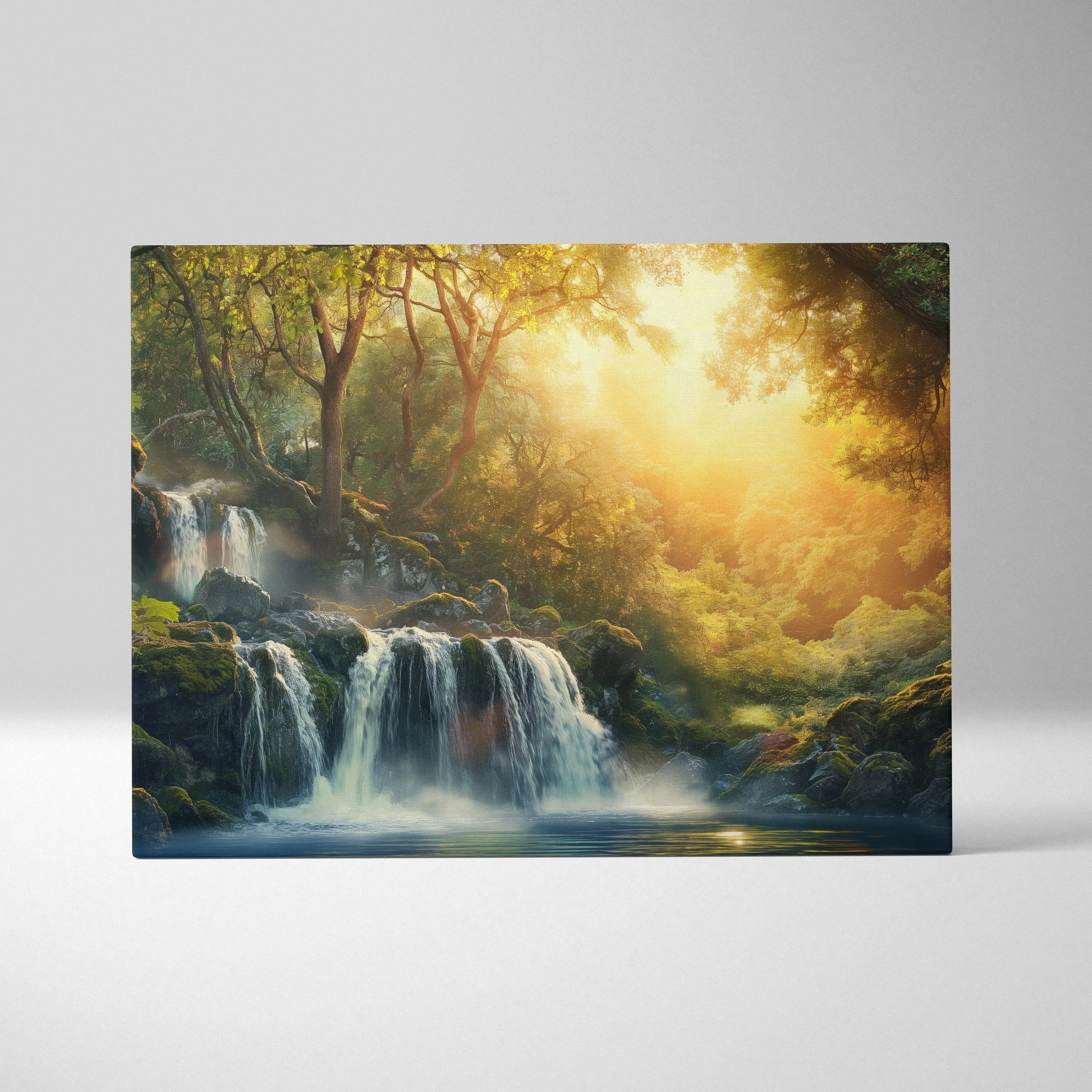 Sunset forest waterfall canvas with warm light, nature wall art for decor.