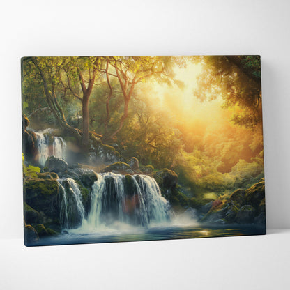 Canvas wall art featuring a serene waterfall cascading through a lush green forest at sunset with warm golden light.