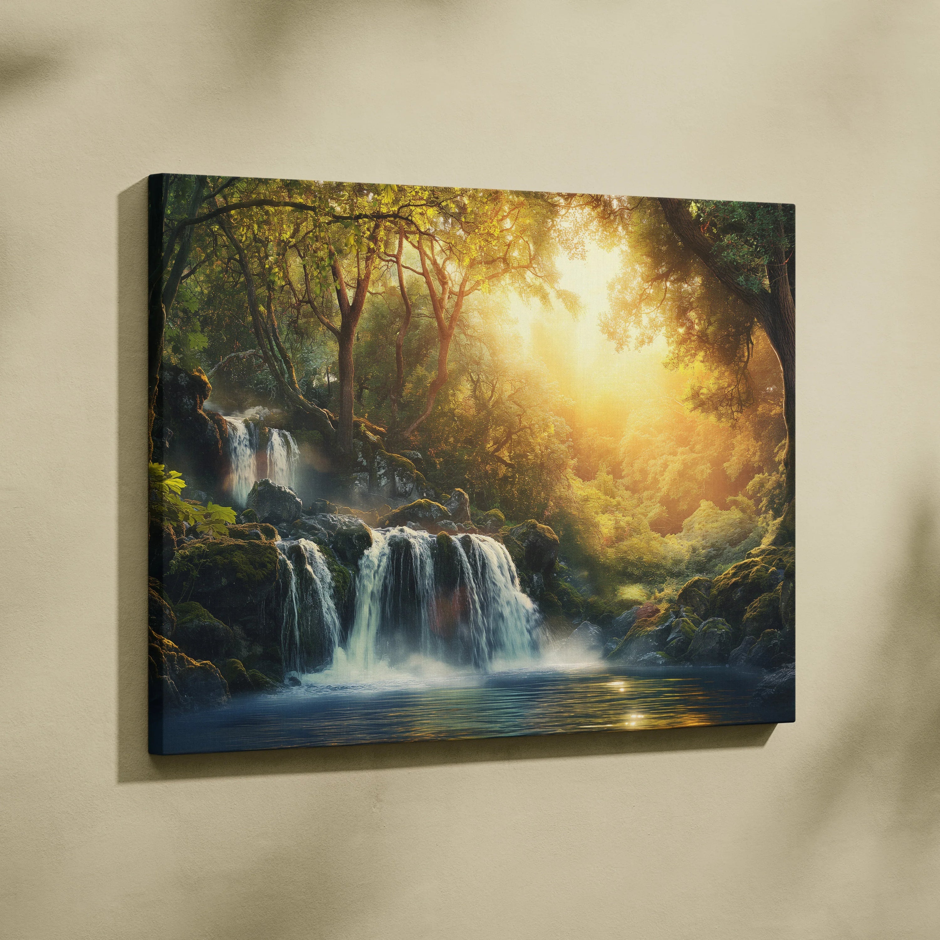 Canvas wall art depicting a vibrant forest waterfall at sunset with golden light filtering through trees.