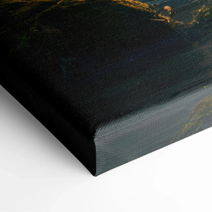 Close-up of textured canvas wall art featuring a dark-toned forest and waterfall scene with sunset glow highlights.