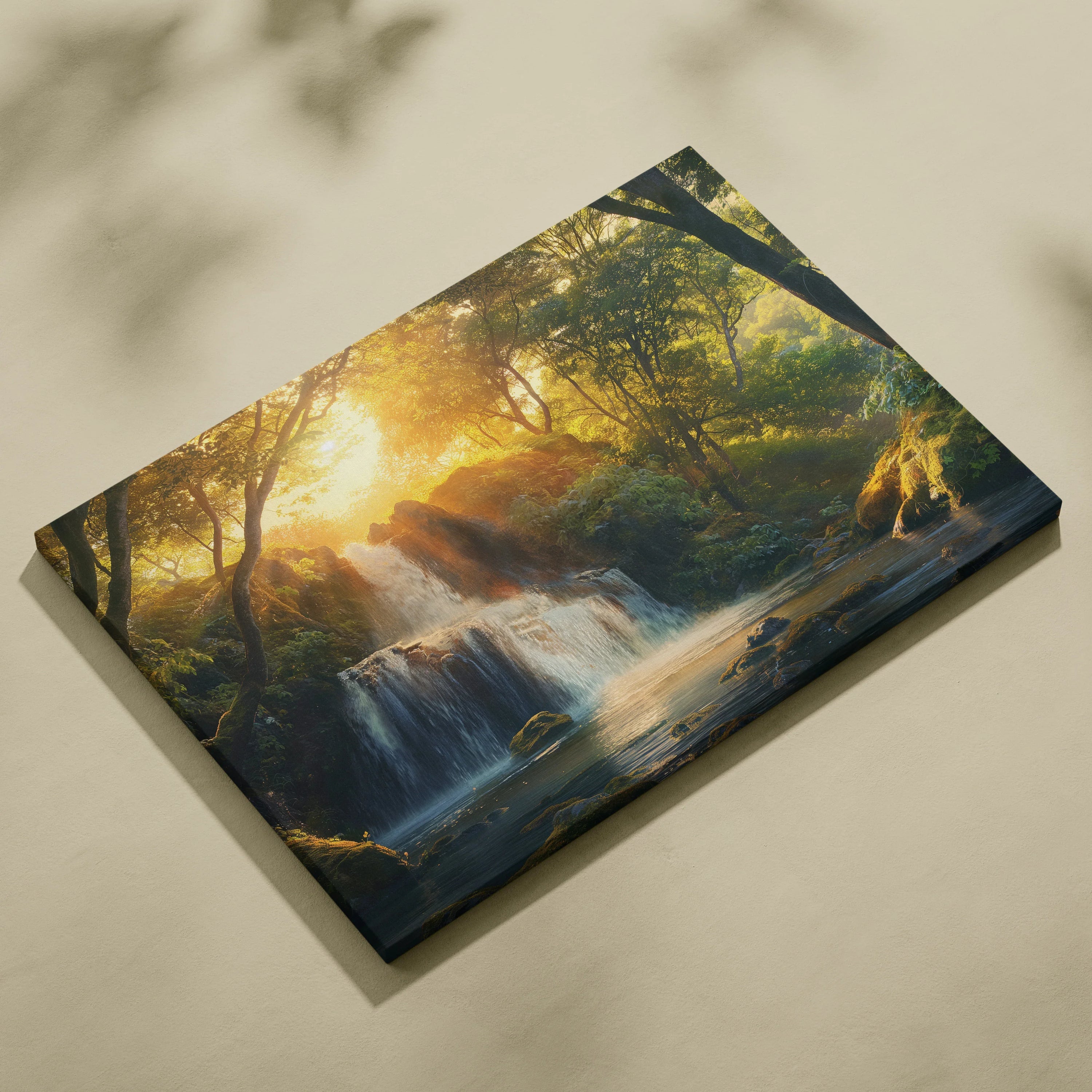 Canvas wall art featuring a glowing sunset over a forest waterfall with vibrant orange and green tones.