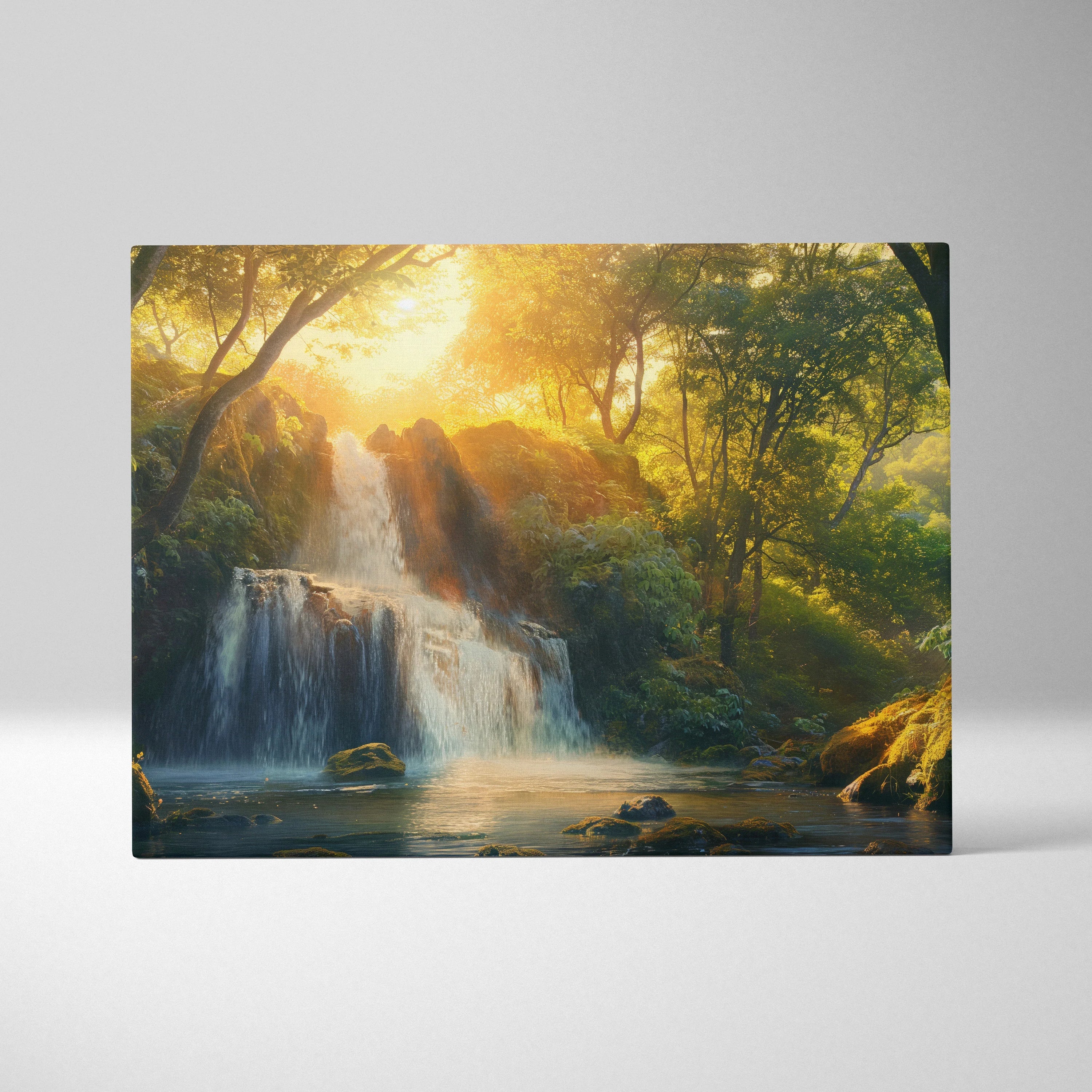 Canvas wall art depicting a sunlit forest with cascading waterfalls and glowing golden foliage.