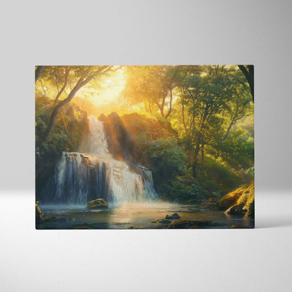Canvas wall art depicting a sunlit forest with cascading waterfalls and glowing golden foliage.