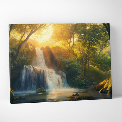 Canvas wall art featuring a glowing sunset over a forest waterfall with lush green trees and reflective water.