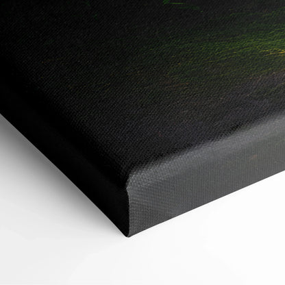 Close-up of black canvas wall art corner with textured surface and stretched edge.