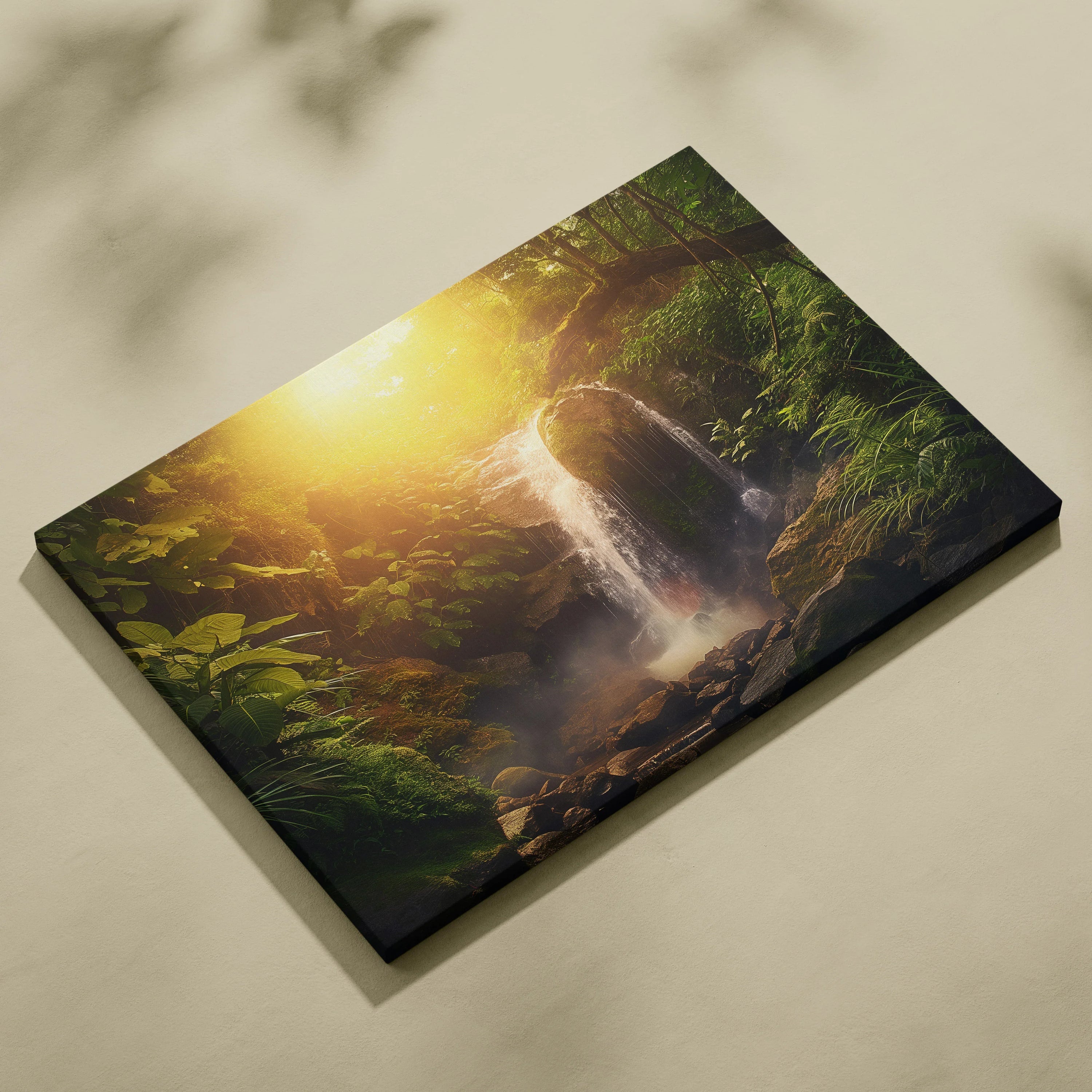 Canvas wall art featuring a lush green forest with a cascading waterfall bathed in warm sunlit tones.