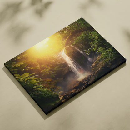 Canvas wall art featuring a lush green forest with a cascading waterfall bathed in warm sunlit tones.