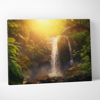 Canvas wall art featuring a sunlit forest waterfall with lush green foliage and warm golden tones.
