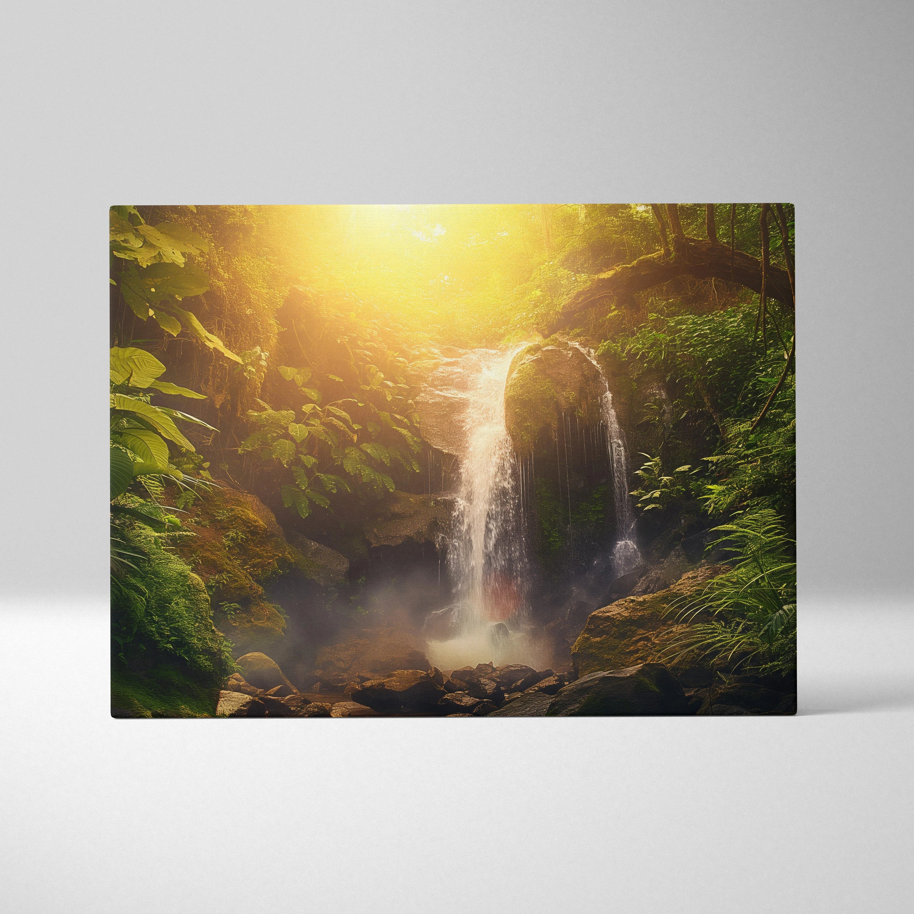 Canvas wall art featuring a lush forest with a waterfall illuminated by warm sunlit tones and green foliage.