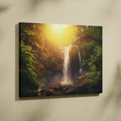 Canvas wall art depicting a sunlit forest scene with a flowing waterfall surrounded by lush green foliage.