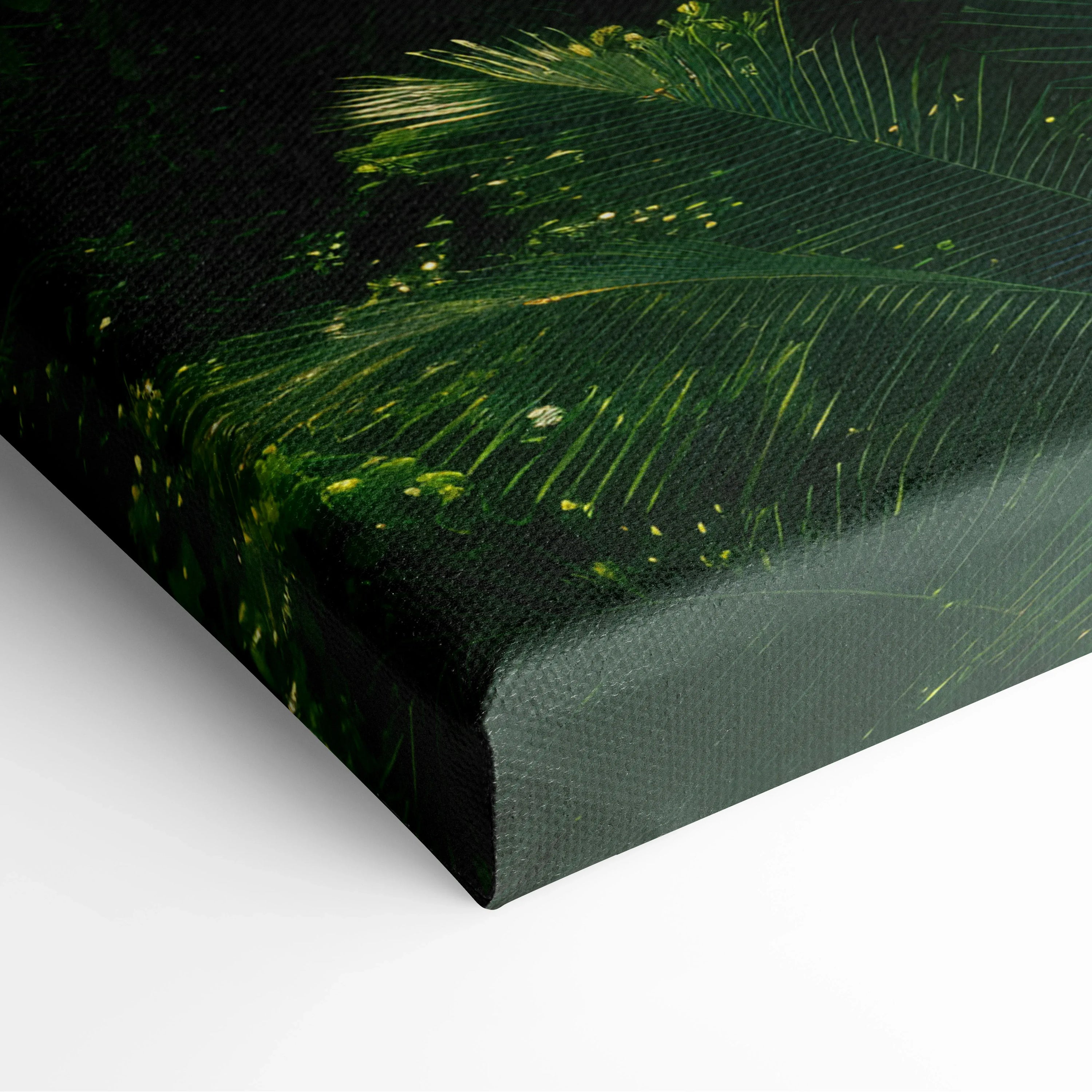 Close-up of green leafy forest waterfall canvas wall art with textured decor surface.