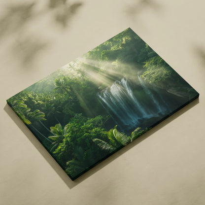 Canvas wall art featuring a lush green forest with sunbeams illuminating a cascading waterfall.