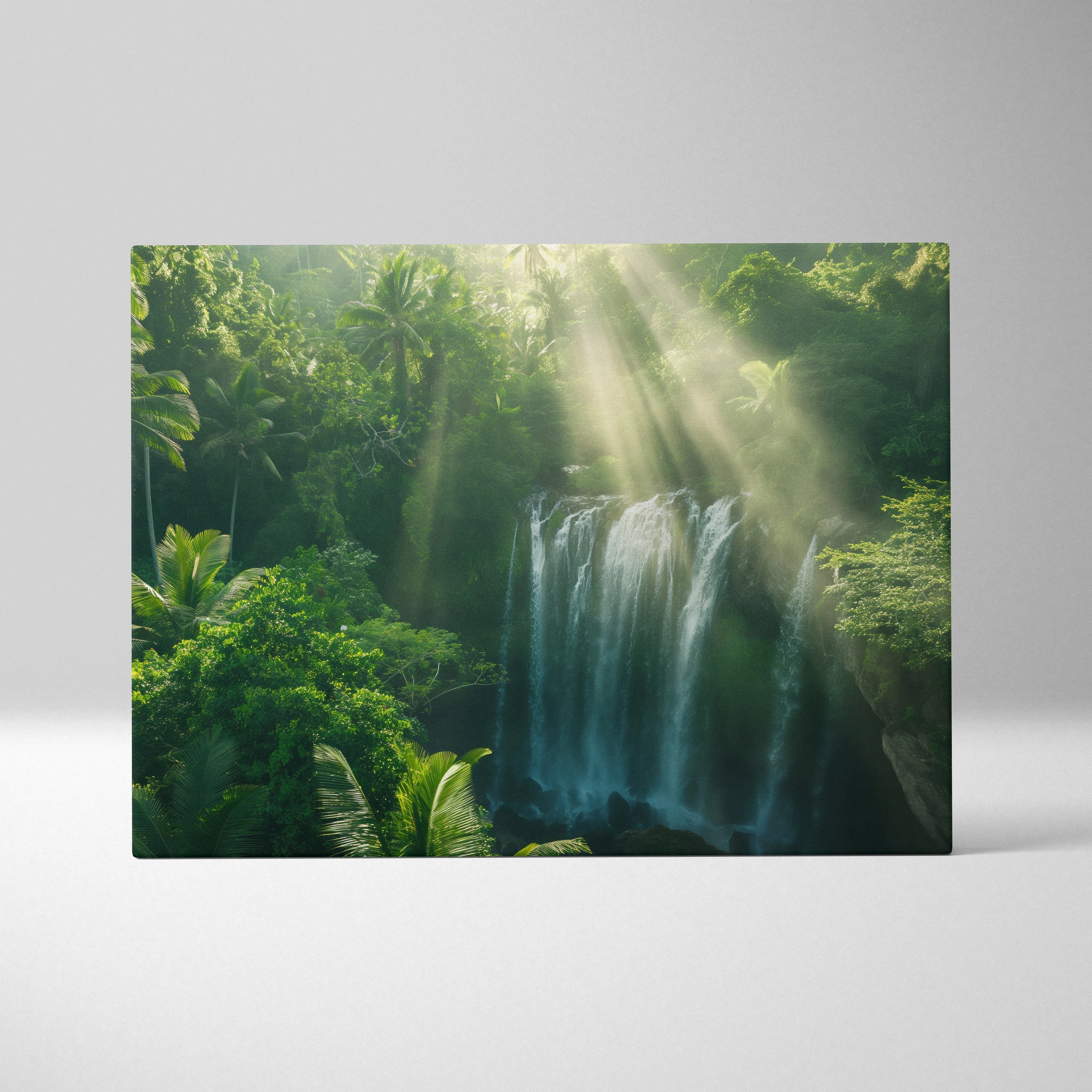 Canvas wall art depicting a lush green forest with a cascading waterfall and sunbeams filtering through dense foliage.