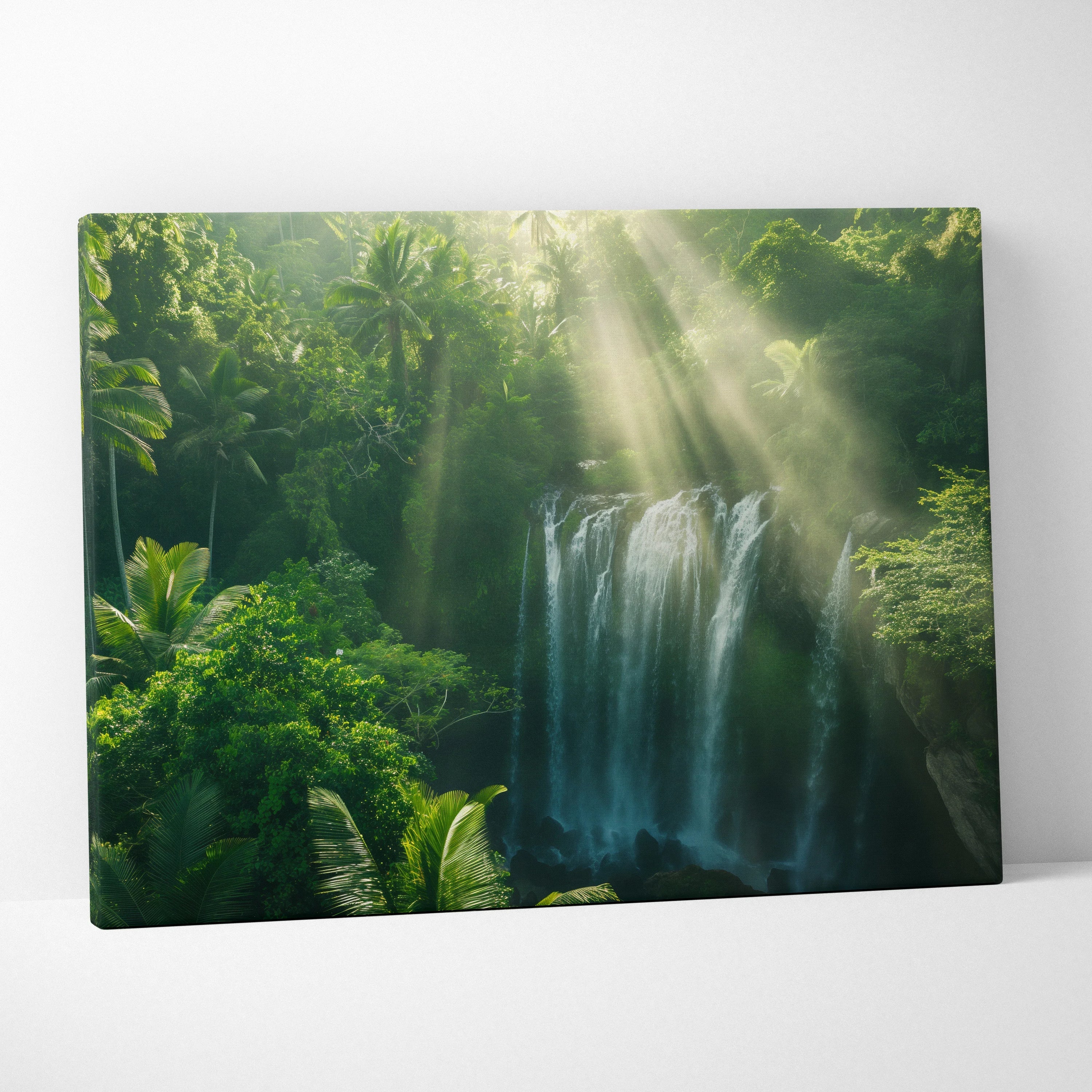 Canvas wall art featuring a lush green forest with a cascading waterfall illuminated by sunbeams filtering through dense.