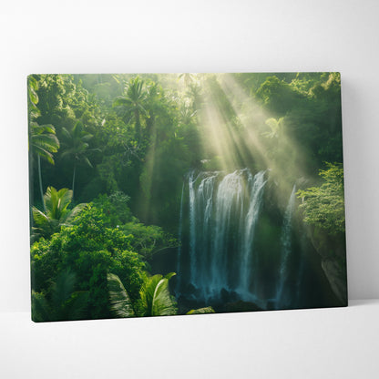 Canvas wall art featuring a lush green forest with a cascading waterfall illuminated by sunbeams filtering through dense.