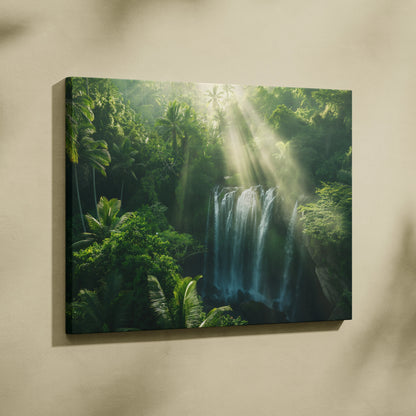 Canvas wall art depicting a lush green forest with a cascading waterfall and sunbeams filtering through dense foliage.