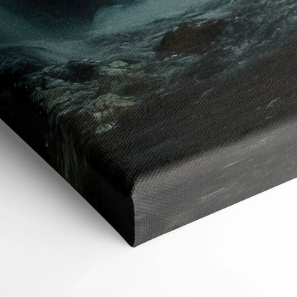 Dark waterfall forest canvas wall art decor with textured canvas and deep edges.
