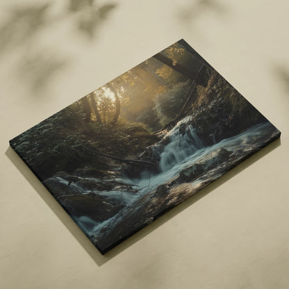Canvas wall art featuring a serene forest waterfall with soft sunlight filtering through trees.