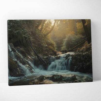 Canvas wall art featuring a misty forest waterfall scene with soft sunlight filtering through trees.