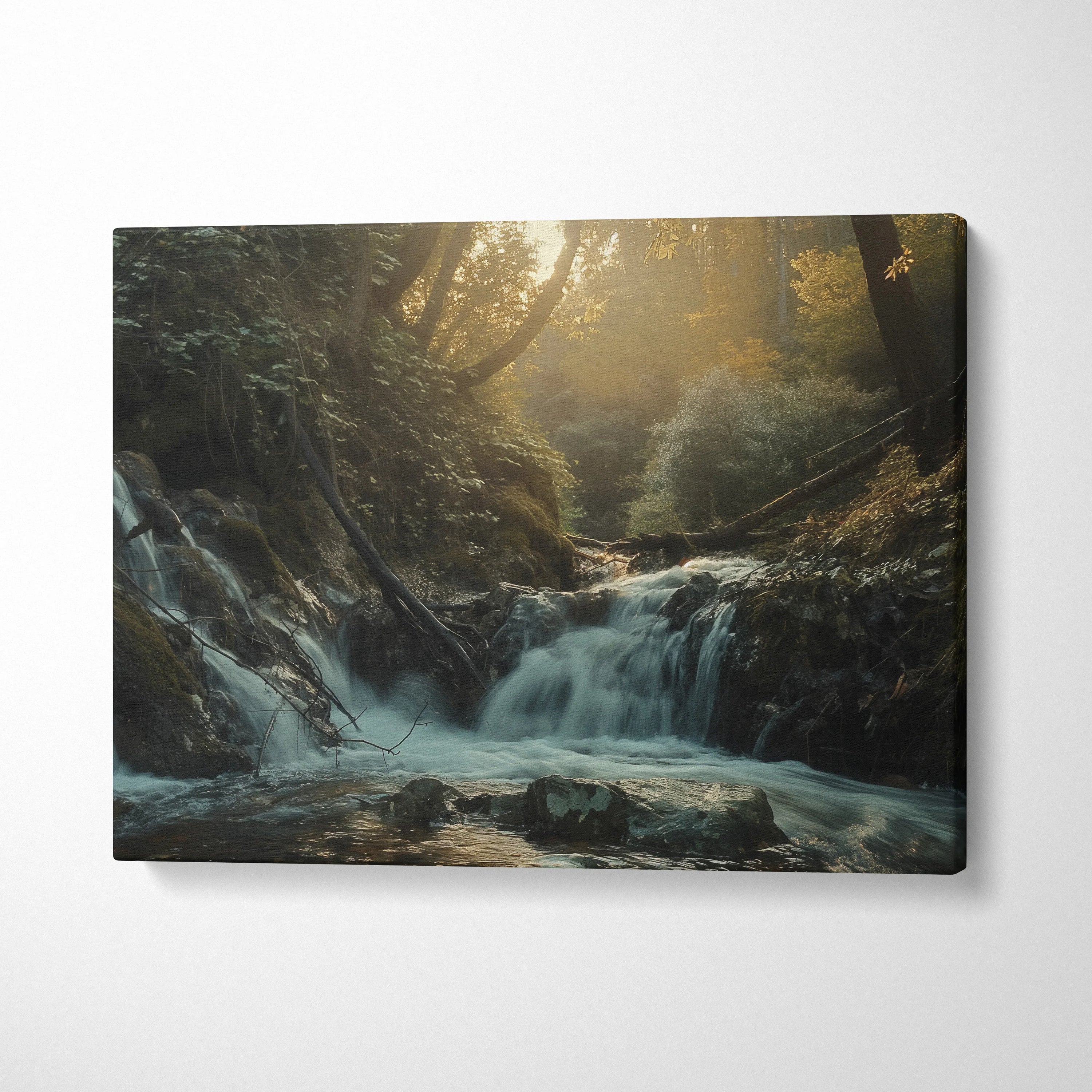 Waterfall forest canvas wall art with sunlight filtering through trees over flowing water decor.