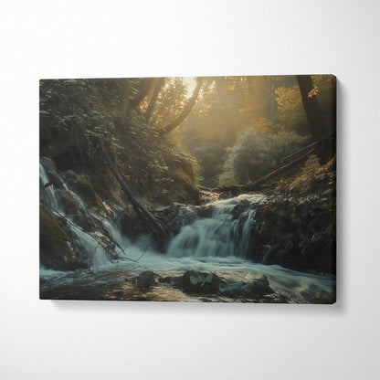 Waterfall forest canvas wall art with sunlight filtering through trees over flowing water decor.