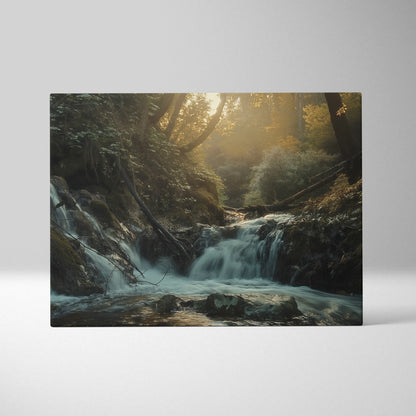 Canvas wall art featuring a serene forest waterfall with sunlight filtering through trees, soft blue and green tones.