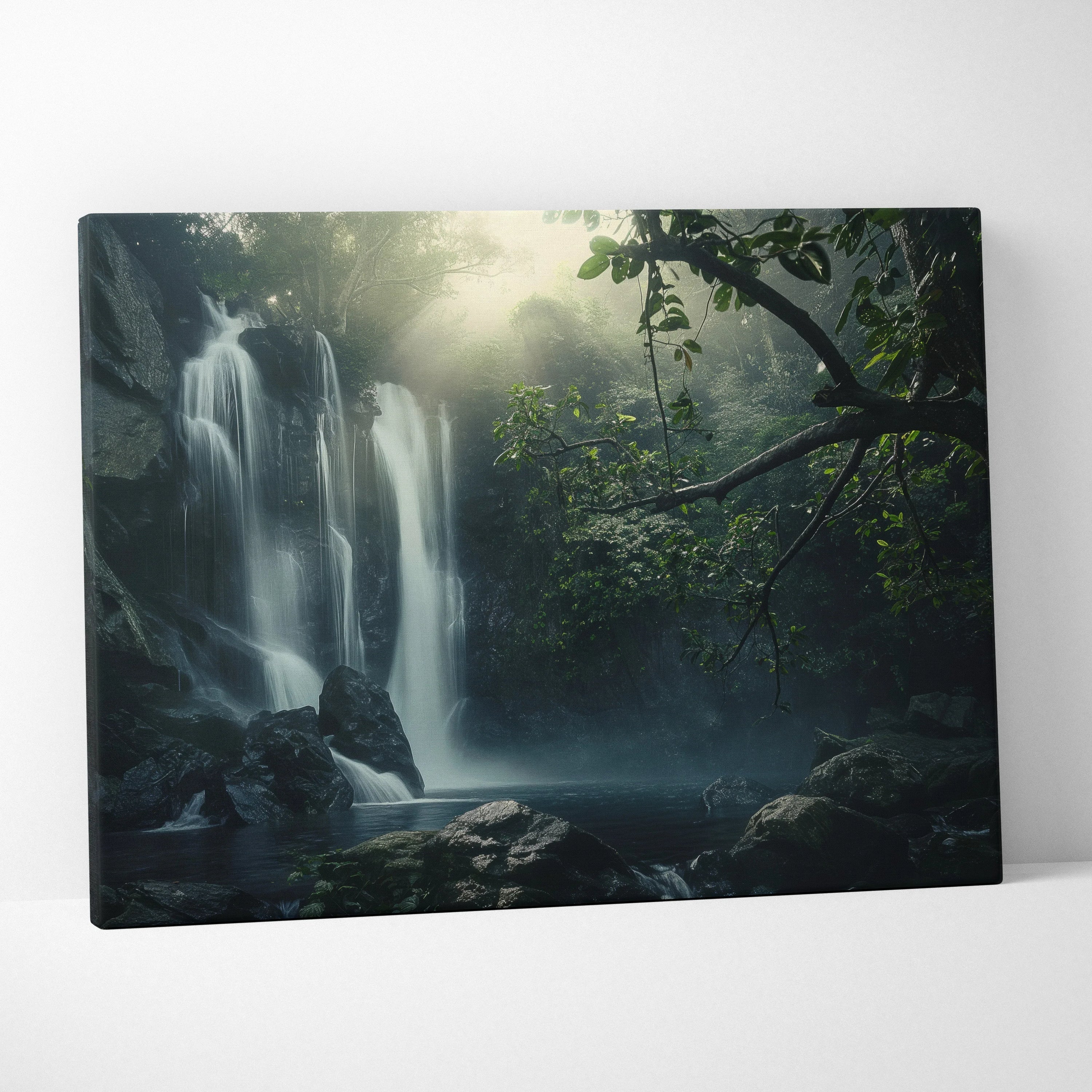 Waterfall forest scene canvas wall art with misty trees and rocks, tranquil nature decor.