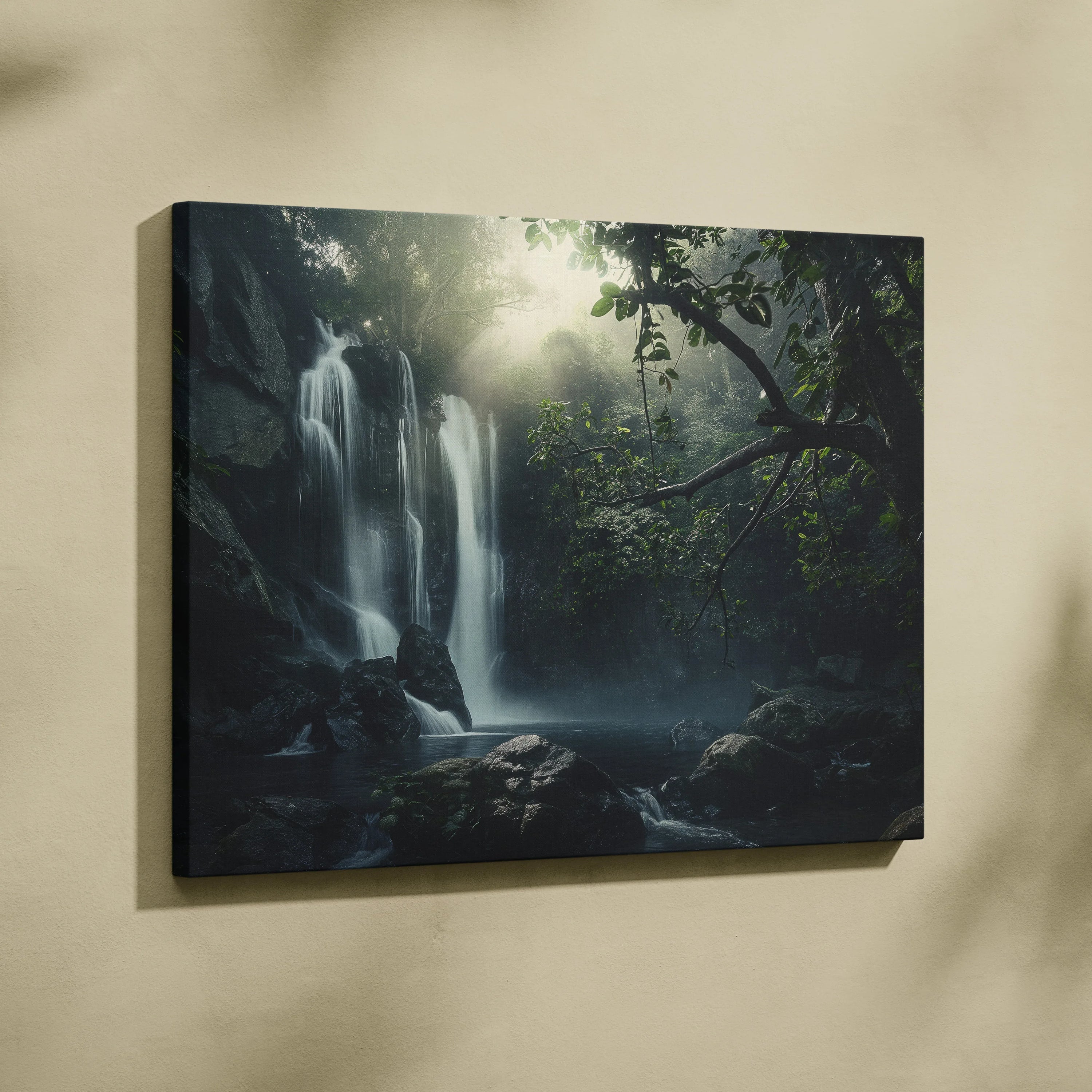 Tranquil waterfall forest scene canvas wall art with dark green foliage and misty light decor.