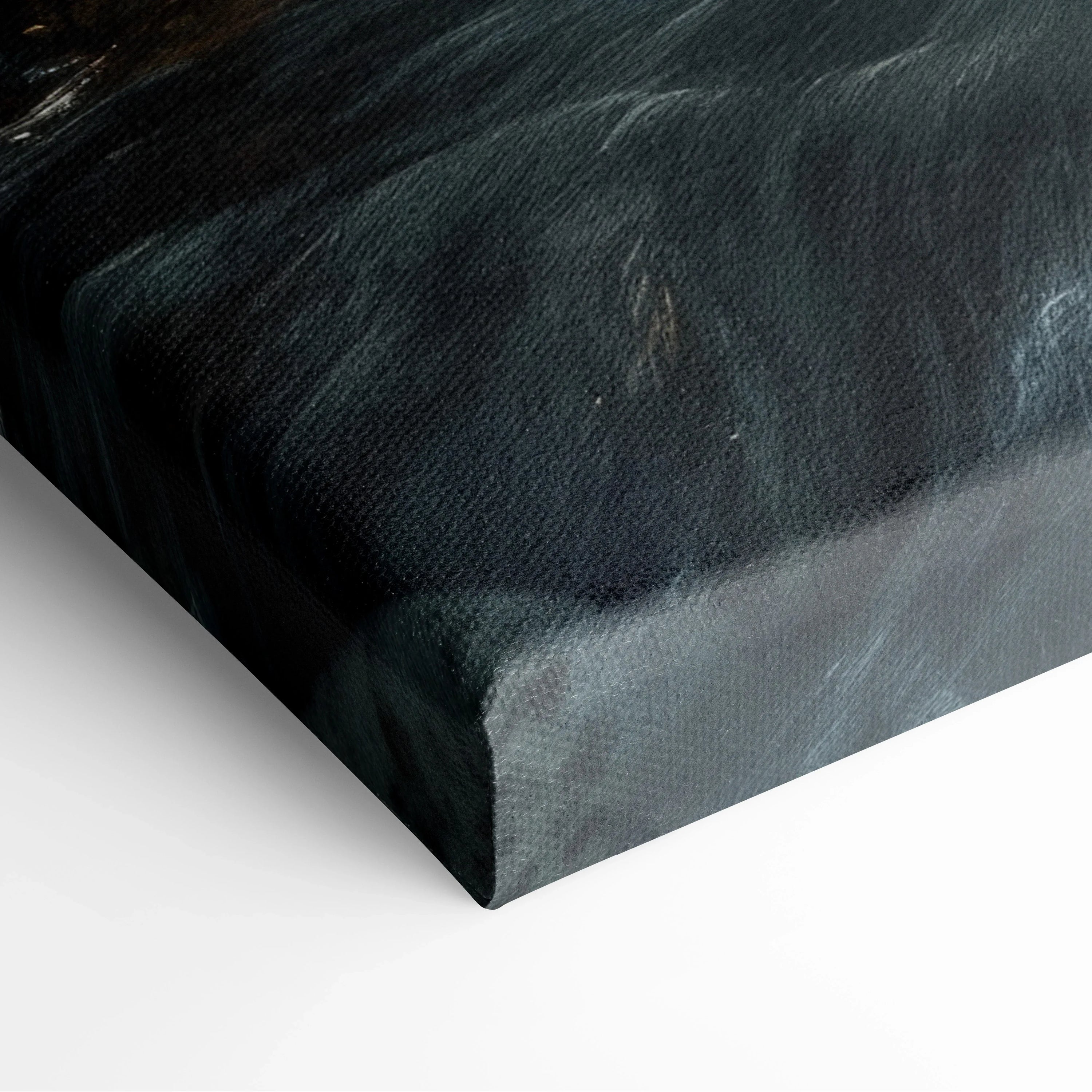 Close-up of waterfall forest canvas wall art corner with dark, textured water and lush greenery decor.