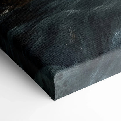 Close-up of waterfall forest canvas wall art corner with dark, textured water and lush greenery decor.