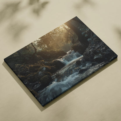 Waterfall forest scene canvas wall art with soft sunlight and flowing water decor.
