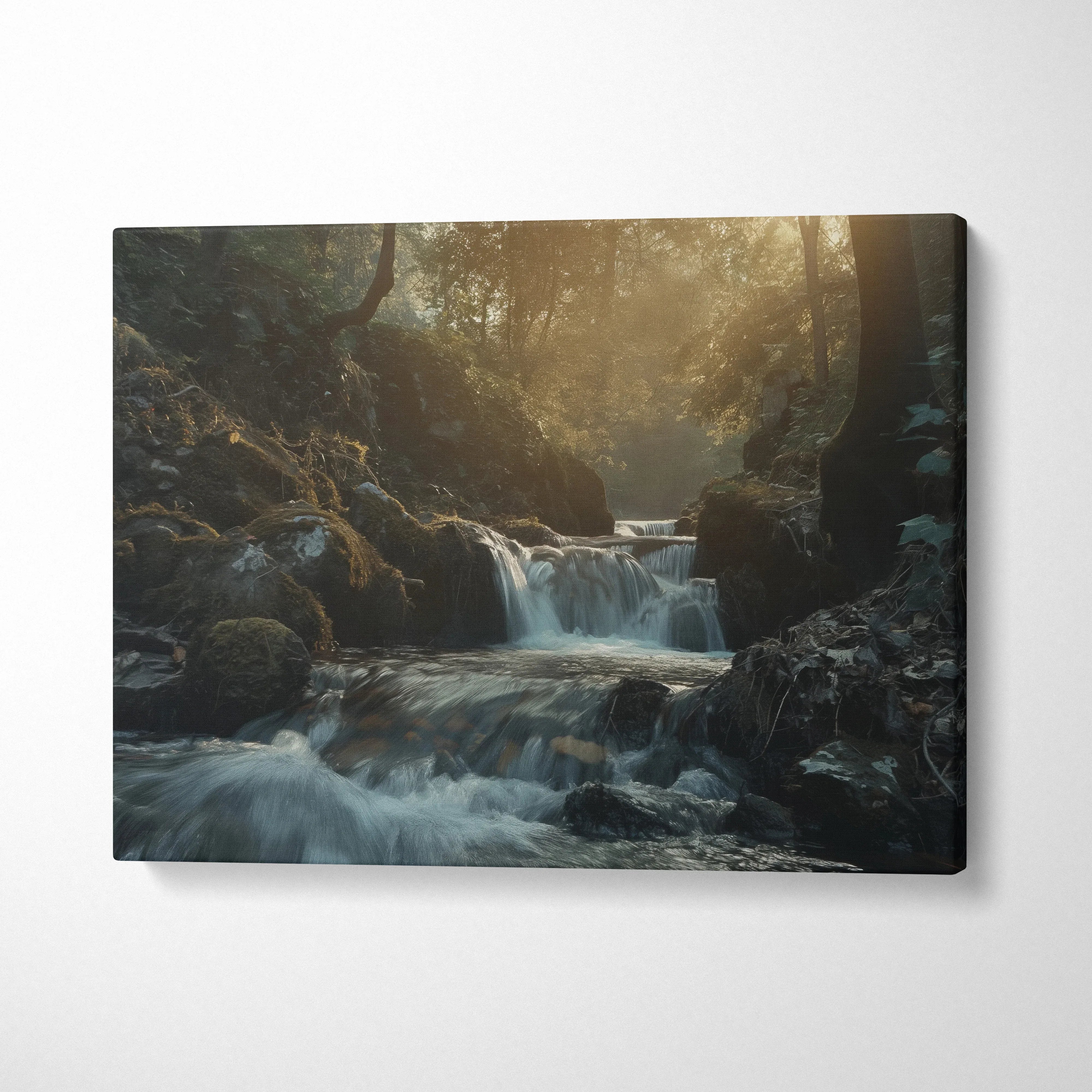 Waterfall forest scene canvas wall art with sunlight filtering through trees and flowing water cascades.