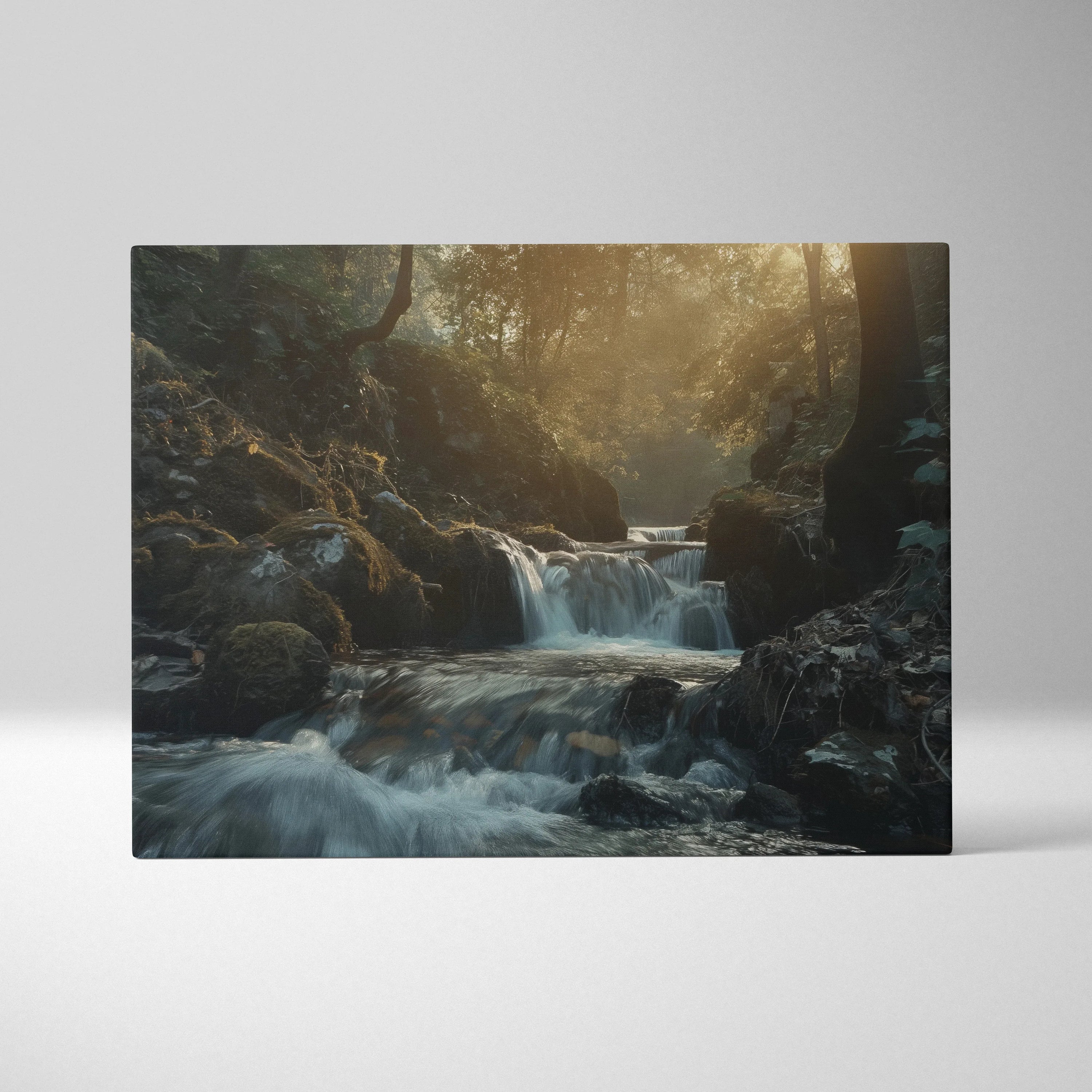 Canvas wall art featuring a high-resolution waterfall flowing through a mossy forest with warm sunlight filtering through.