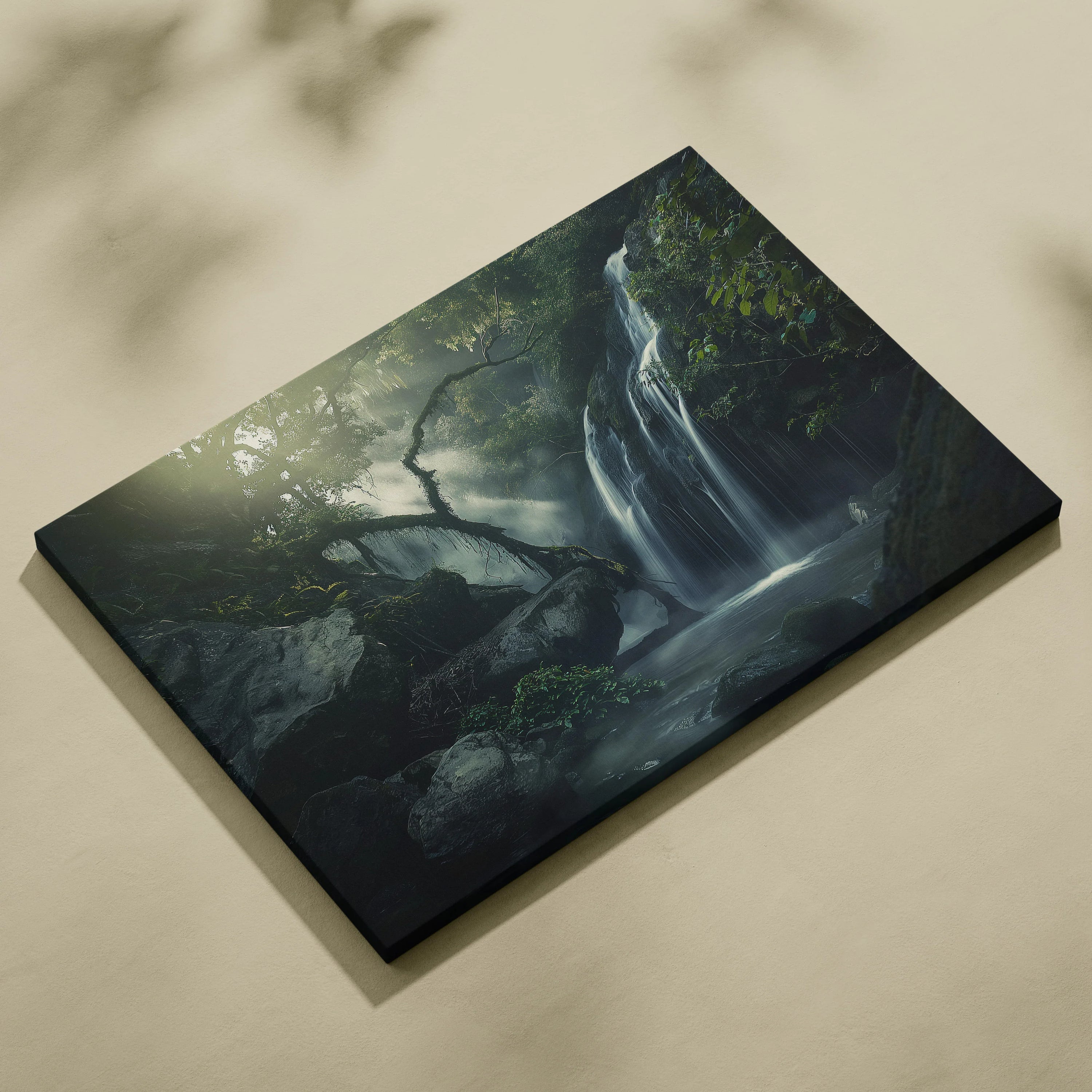 Canvas wall art featuring a serene waterfall flowing through a lush green forest at dusk with soft lighting and mist.