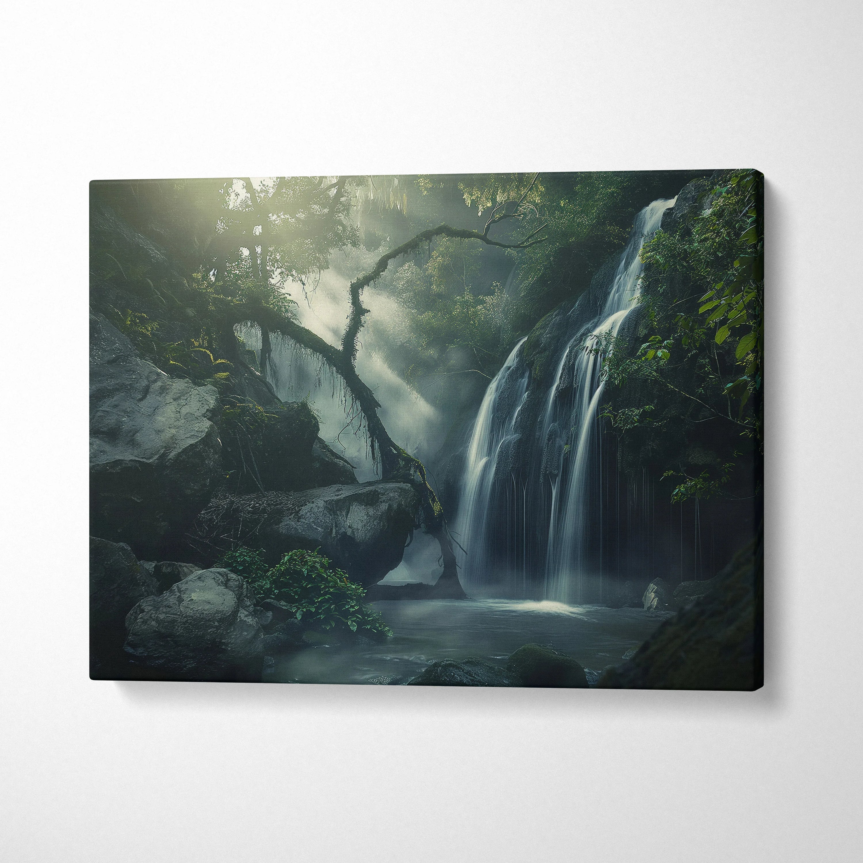 Waterfall forest nature canvas wall art with misty flowing water and lush green trees decor.