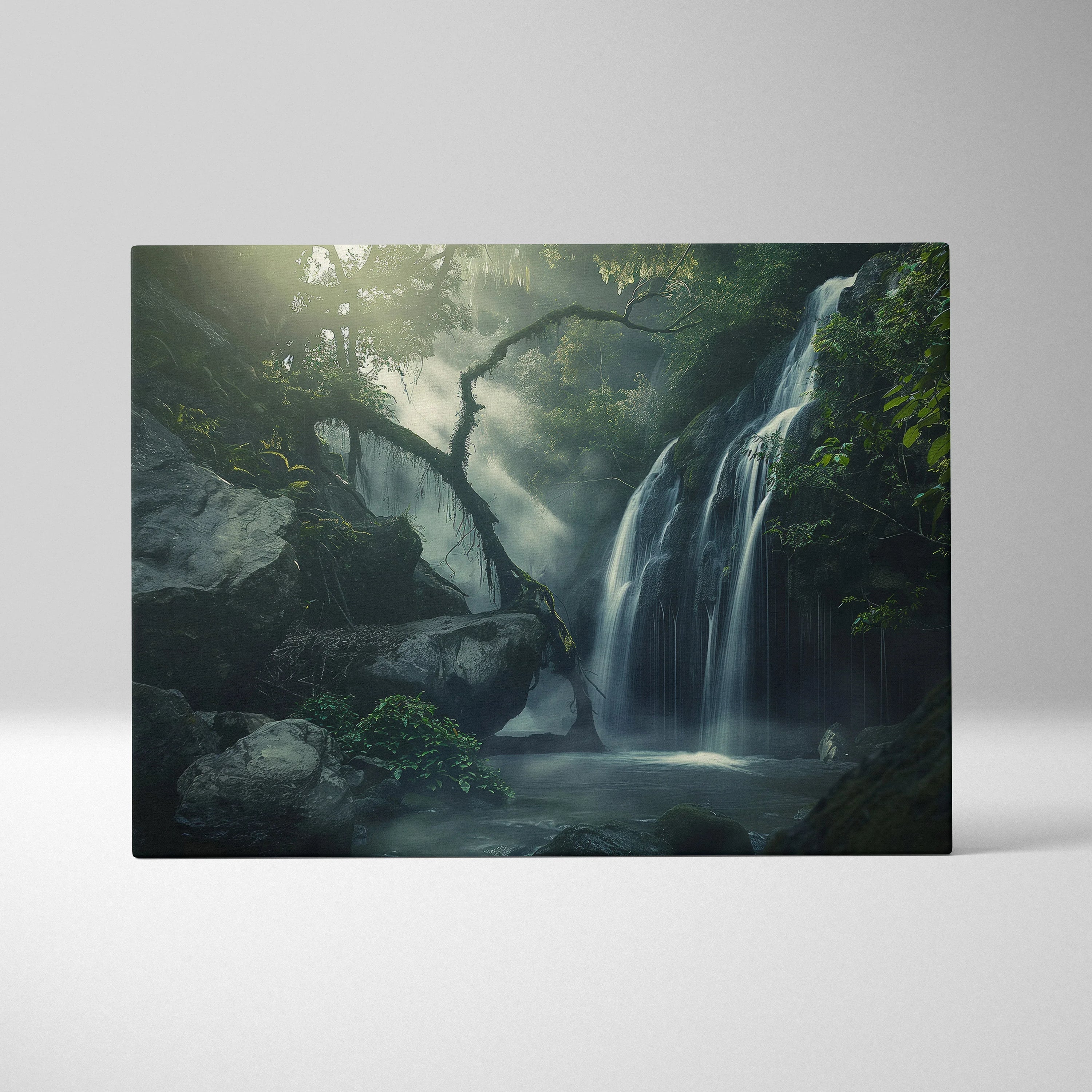 Canvas wall art featuring a serene forest waterfall with lush green foliage and misty atmosphere.