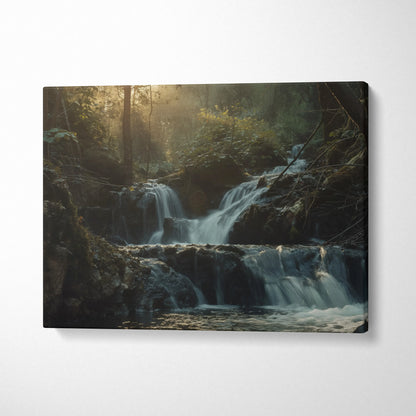 Waterfall forest nature scene on canvas wall art with soft sunlight and lush greenery decor.