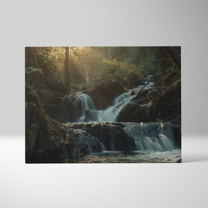 Waterfall forest nature scene on canvas wall art with sunlight filtering through trees.