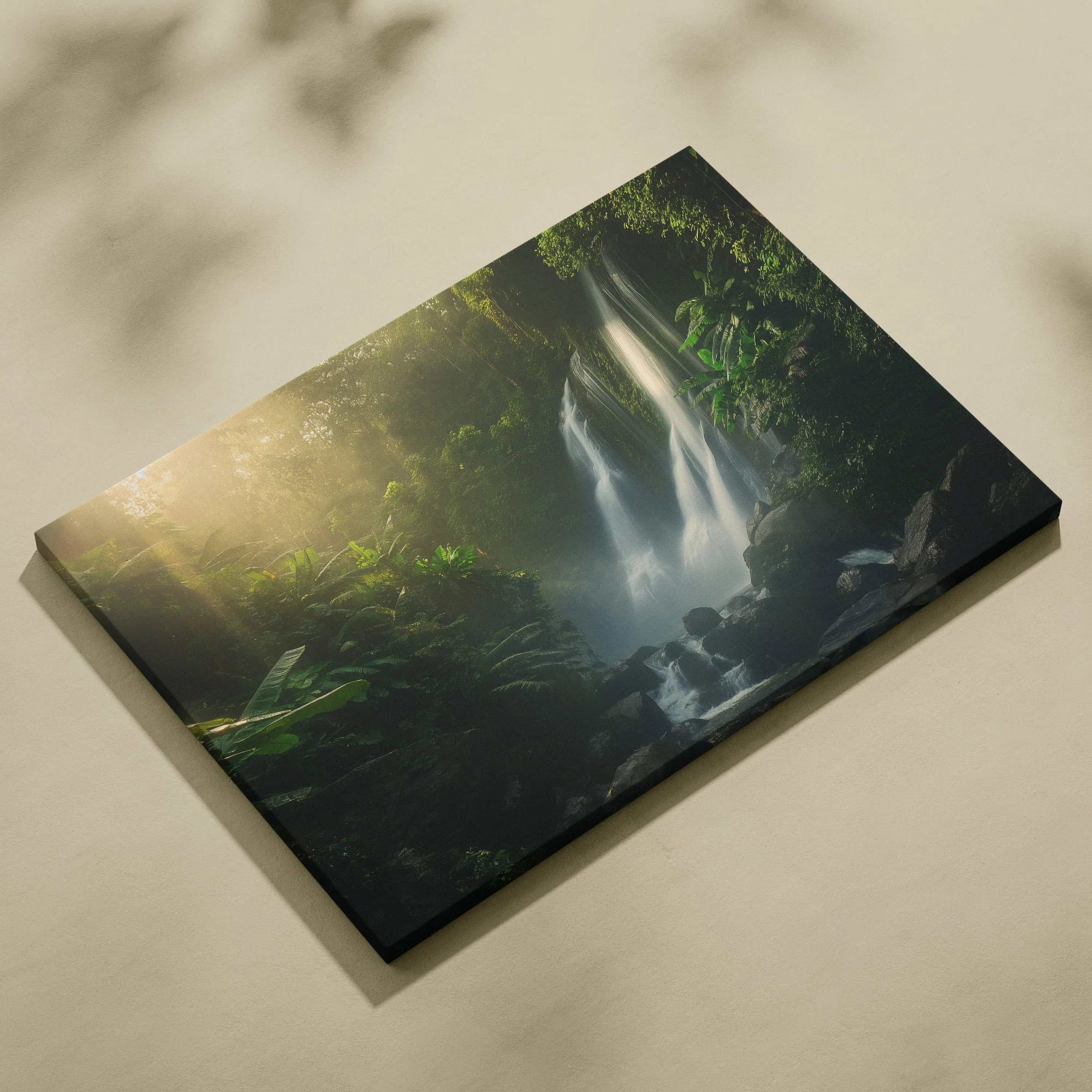 Canvas wall art depicting a serene forest waterfall with lush green foliage and soft natural light.