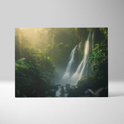 Canvas wall art featuring a high-resolution nature landscape of a misty waterfall surrounded by dense green forest foliage.