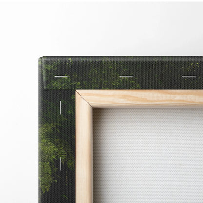 Close-up of natural wood frame and white canvas corner with printed edge showing dark green moss texture on wall art canvas.