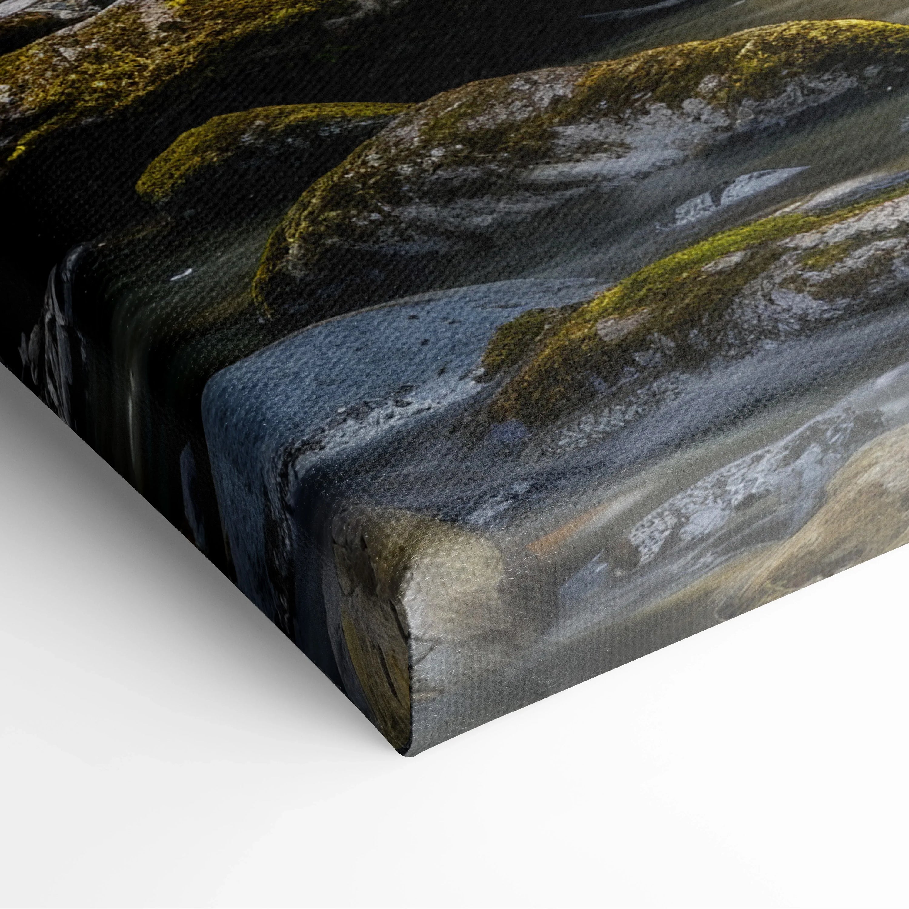 Canvas wall art featuring a turquoise pool and moss-covered rocks with flowing waterfall details.