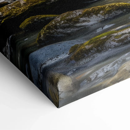 Canvas wall art featuring a turquoise pool and moss-covered rocks with flowing waterfall details.